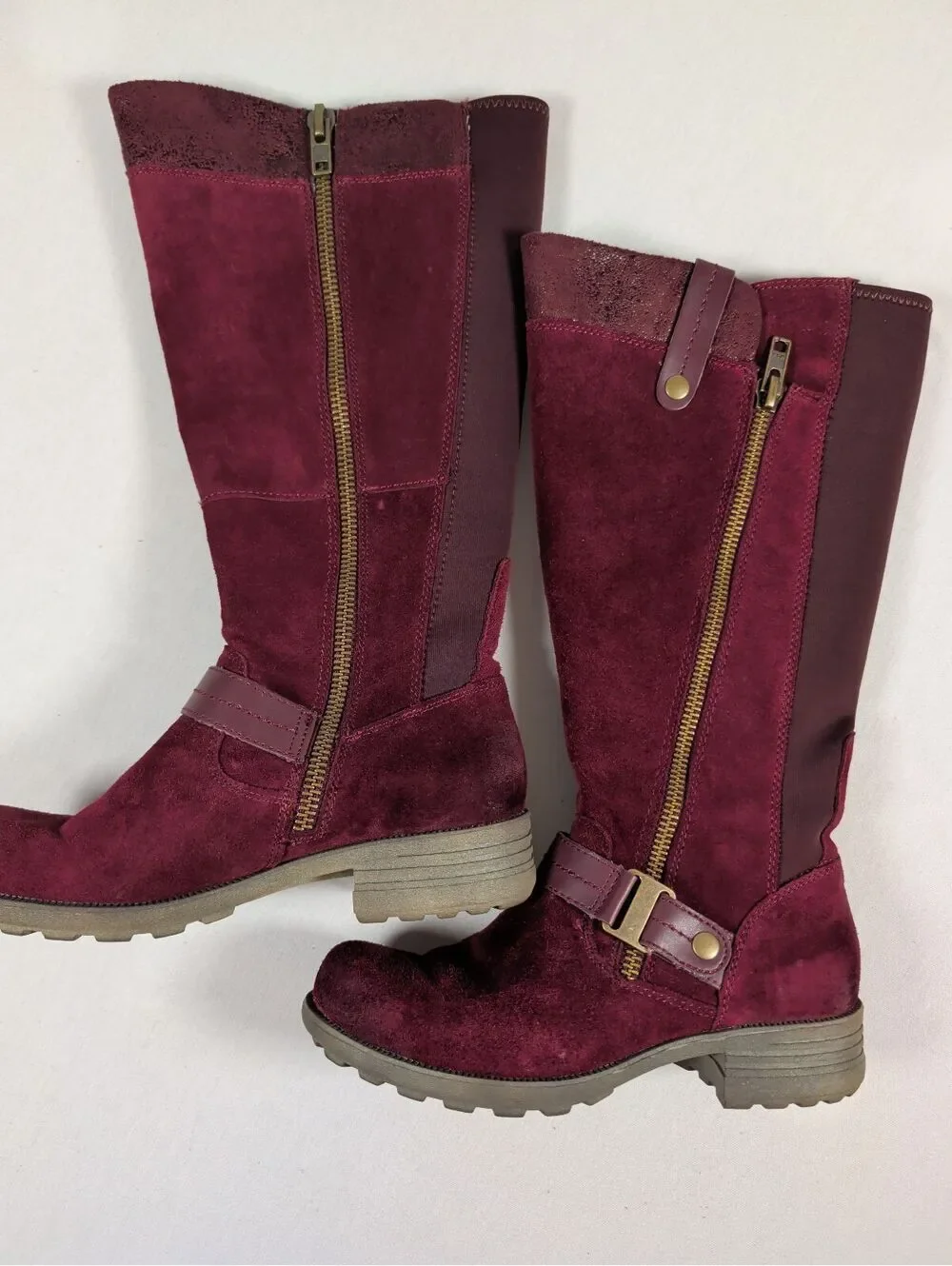 Earth Origins Burgundy Maroon Suede Mid-Calf Boots Zippers Buckle Detail 8